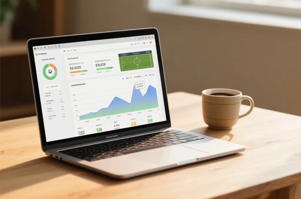 A laptop displaying detailed soccer match analytical statistics and graphs on a clean wooden desk, next to a ceramic cup of coffee