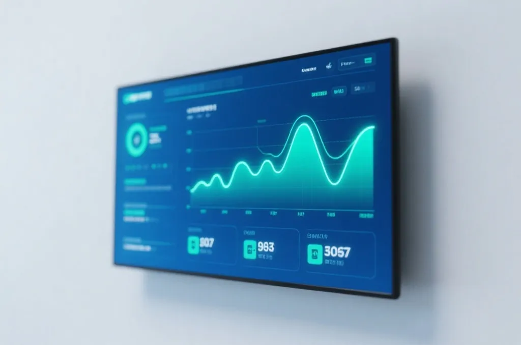 A minimalist digital screen showing glowing line charts and sports performance metrics in blue and green